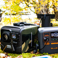 Vue du Chauffage portable de camping avec une batterie nomade et un poêle rocket