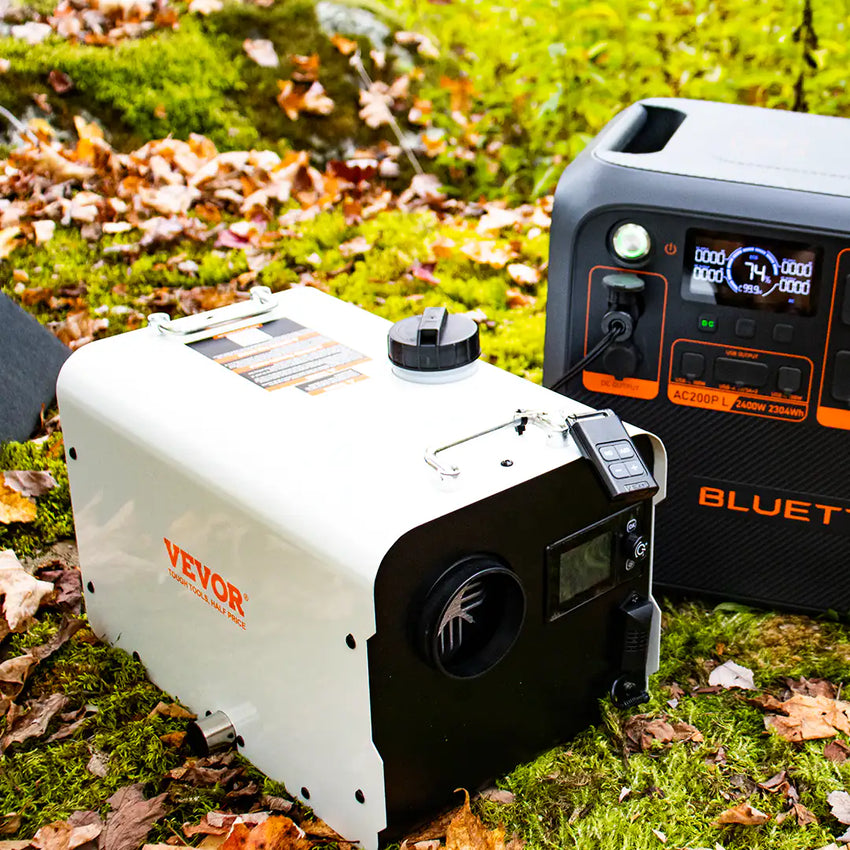 Vue du chauffage au diesel pour camping car avec une batterie nomade