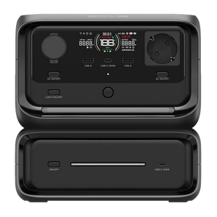 Vue de face de la Ecoflow River 3 Plus, une batterie nomade modulaire parfaite pour le camping