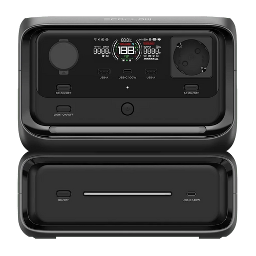 Vue de face de la Ecoflow River 3 Plus, une batterie nomade modulaire parfaite pour le camping