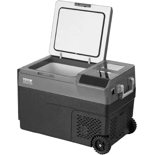 Glacière électrique à roulettes avec machine à glaçon ouverte